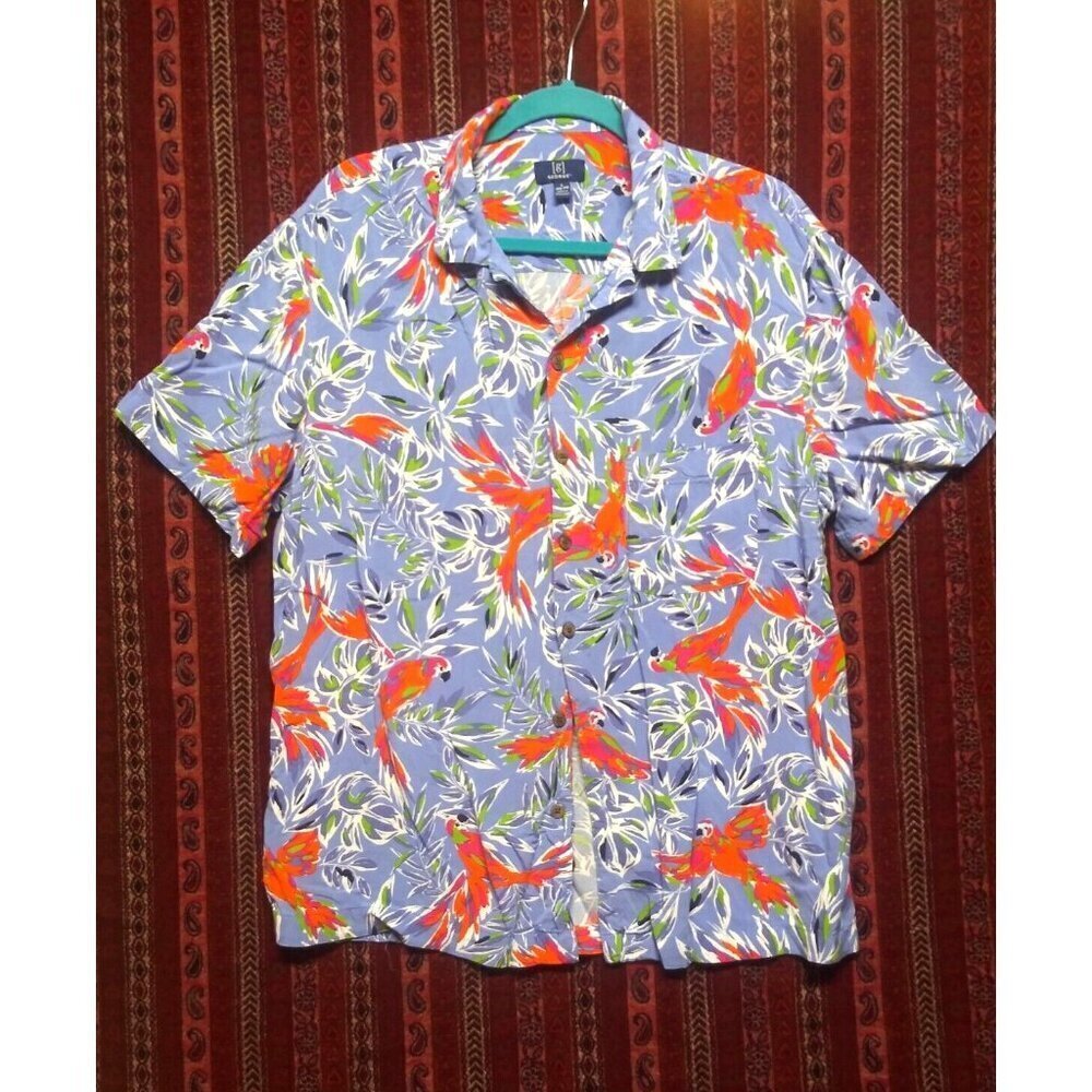 George Mens Hawaiian Shirt L(42-44) Tropical Birds blue orange Button Up pocket